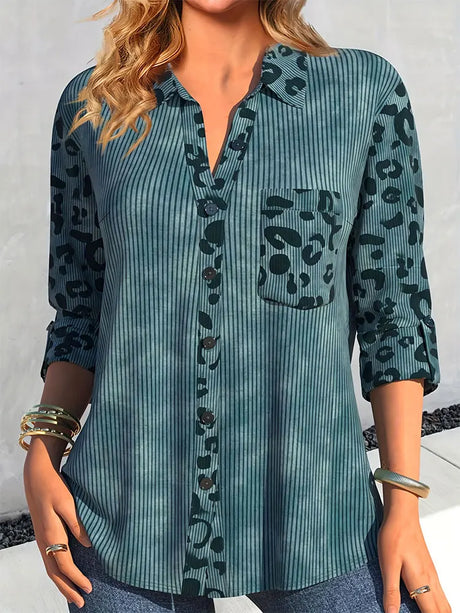 Casual Blouse, Women' Plus Colorblock Leopard Print Ribbed