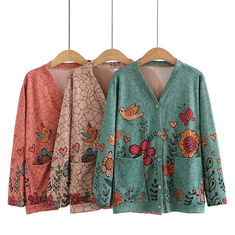 Plus Cardigan Women Spring Print V-Neck Two