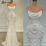 Elegant Lace Pearls Tassels Wedding Dress Boat Neck