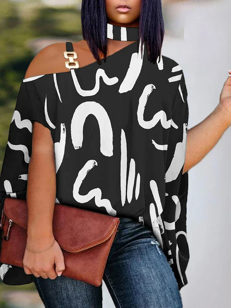 Elegant Top, Women' Plus Graffiti Print Asymmetrical Shoulder