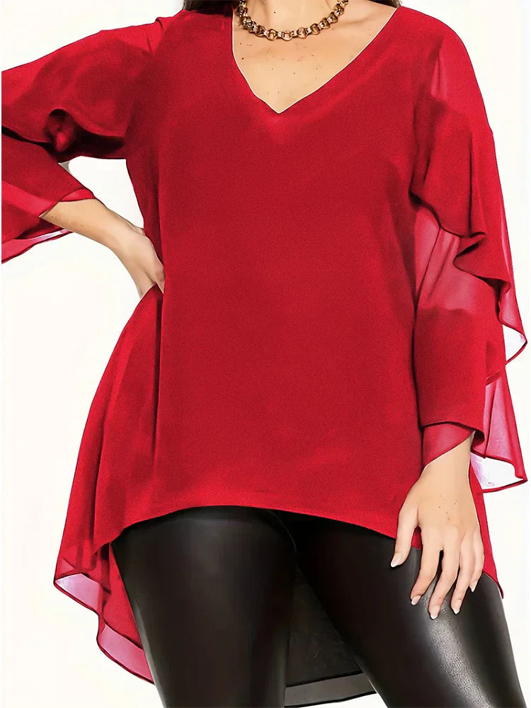 New Female Casual Black Layered Ruffle Sleeve Top