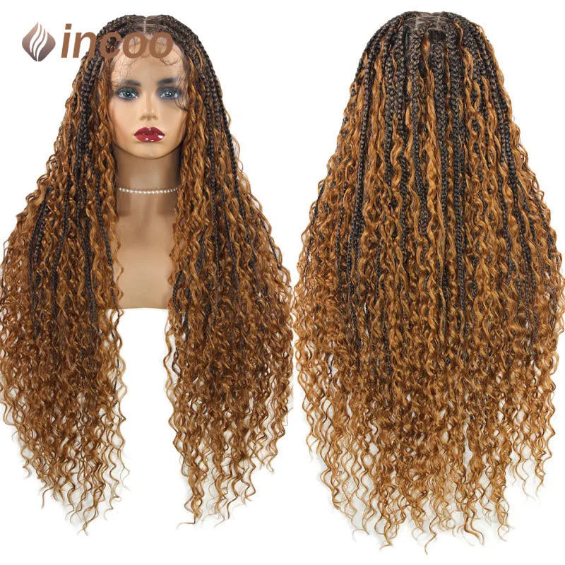 Blonde Bohemian Box Braids Wigs With Curly Hair