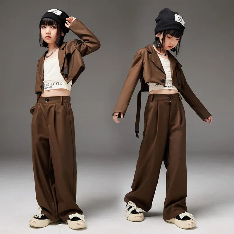 Brown Blazer Tops Loose Casual Pants Set Fashion