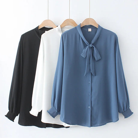 Autumn Women Shirt Fashion Solid Color Bow Tie