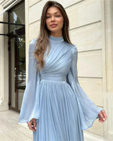 High Collar Chiffon Evening Dress A-Line Sky Blue