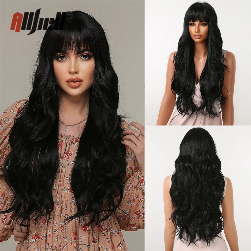 Copper Ginger Brown Wigs With Bangs Natural Synthetic