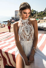 Sexy High Side Slit Halter Beach Wedding Dress