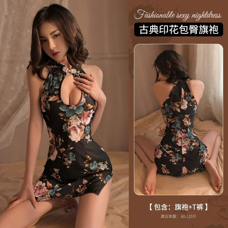 Sexy Hot Girl Retro Print Temptation Lingerie Hollow