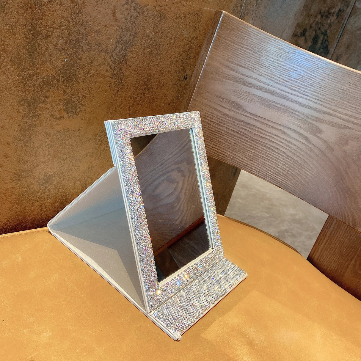 Diamond-Encrusted HD Folding Mirror with Glitter Powder Leather