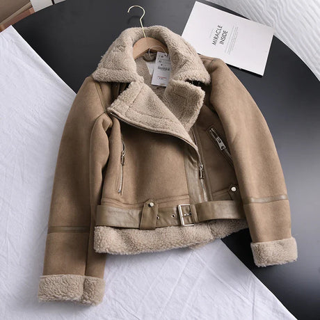 Winter Women Faux Shearling Sheepskin Leather Jackets Outwear