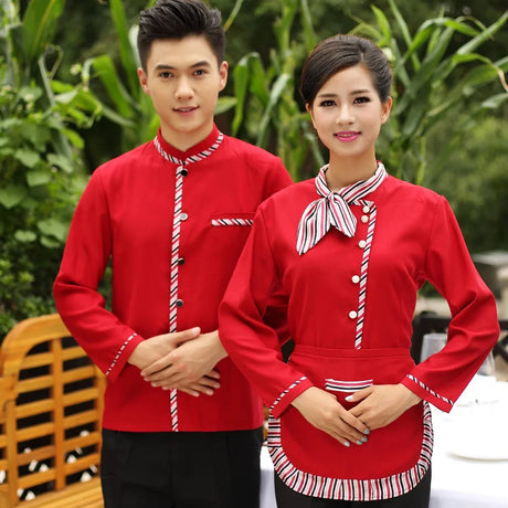 Long Sleeve Hotel Waiter Uniform Female Restaurant Top+Apron