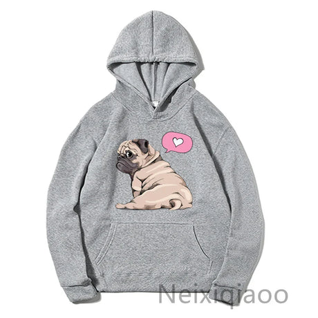 Kawaii Cartoon Pug Dog Print Hooded Sweatshirt Women