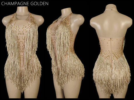 Sparkly Crystals Fringes Bodysuit Sexy Tassel Leotard Jazz