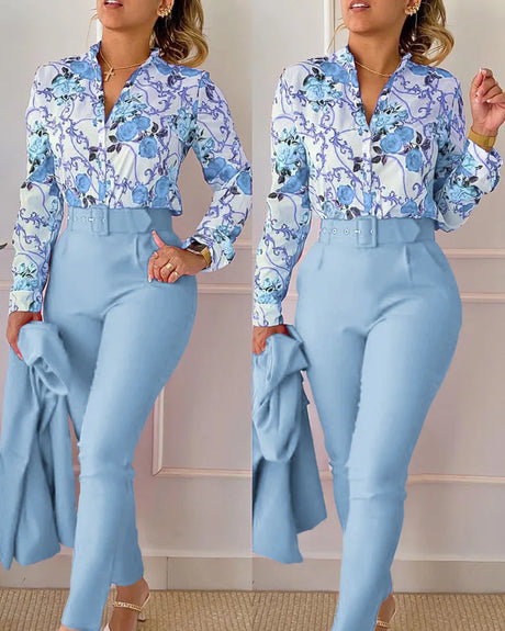 Elegant Print Shirt And Pants Two Piece Sets