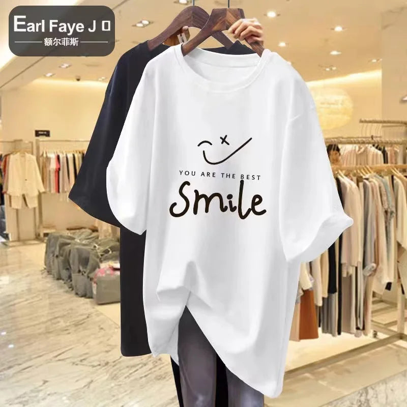 Summer Cotton T-Shirt Ladies Soft O-Neck Letter Print