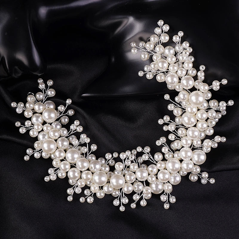 Fashion Bride Pearls Wedding Headband Silver Bridal Hairpiece