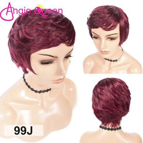 J Burgundy Short Pixie Cut Wigs With Bangs