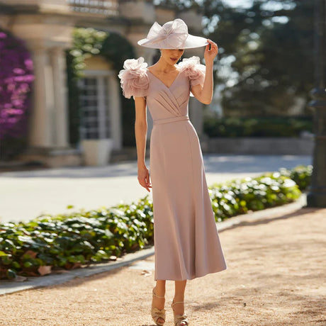V Neck Short Sleeves Wedding Party Gowns Flowers Pleat Tea Length