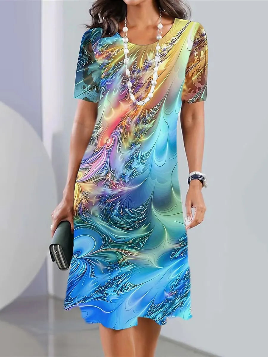 Women Dresses Striped Printing Clothes Frock O-Collar Clothing