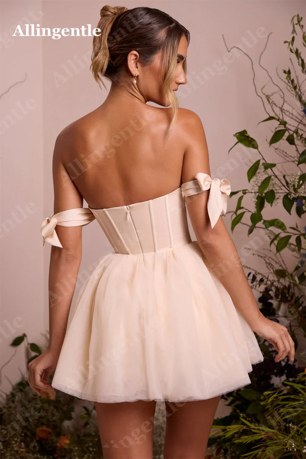 Allingentle Blush Pink Off Shoulder Homecoming Dresses Button