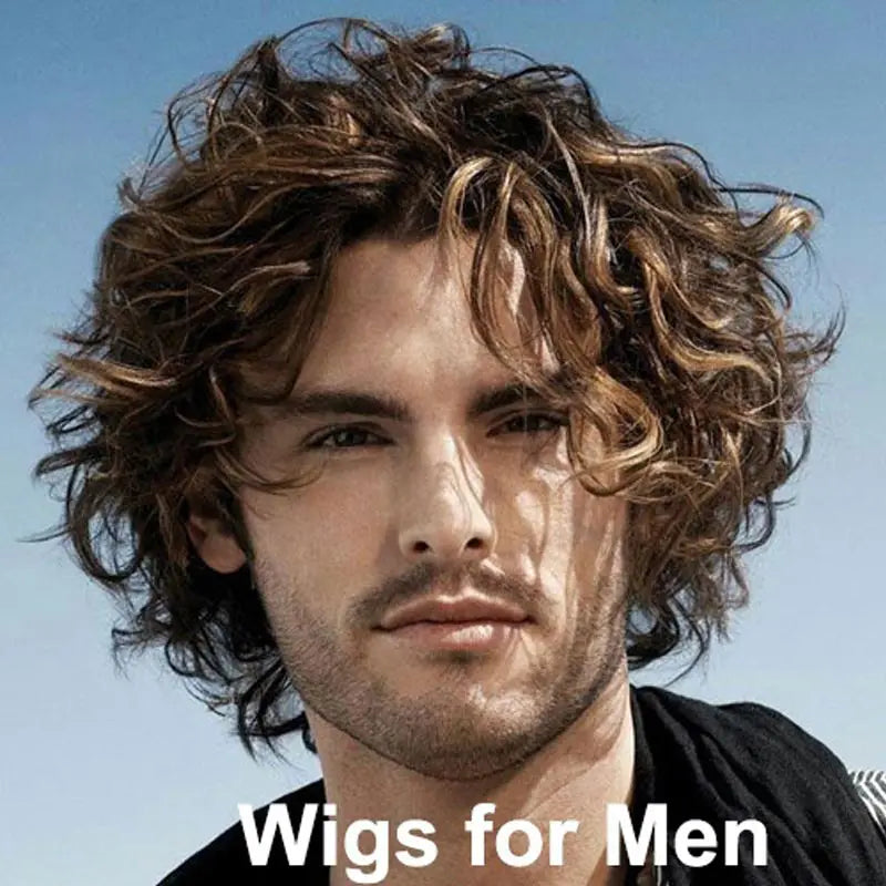 Brown Curly Wig For Men Short Synthetic Hair