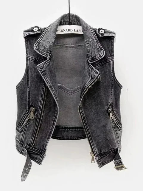 Gray Jean Cowboy Waistcoat Hole Denim Women Vest