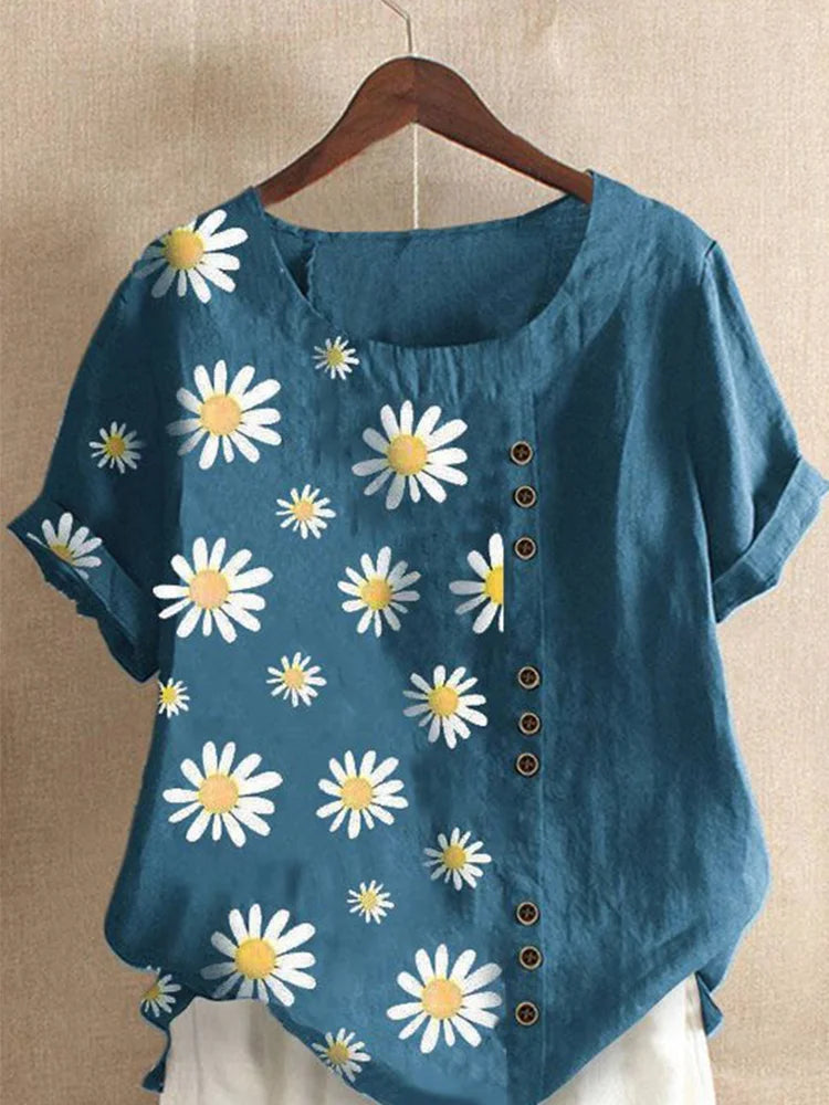 Daisy-Print Cotton Linen Shirt Casual Summer Women O-Neck