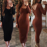Sexy Backless Bodycon Long Sleeve Dress Slim Midi