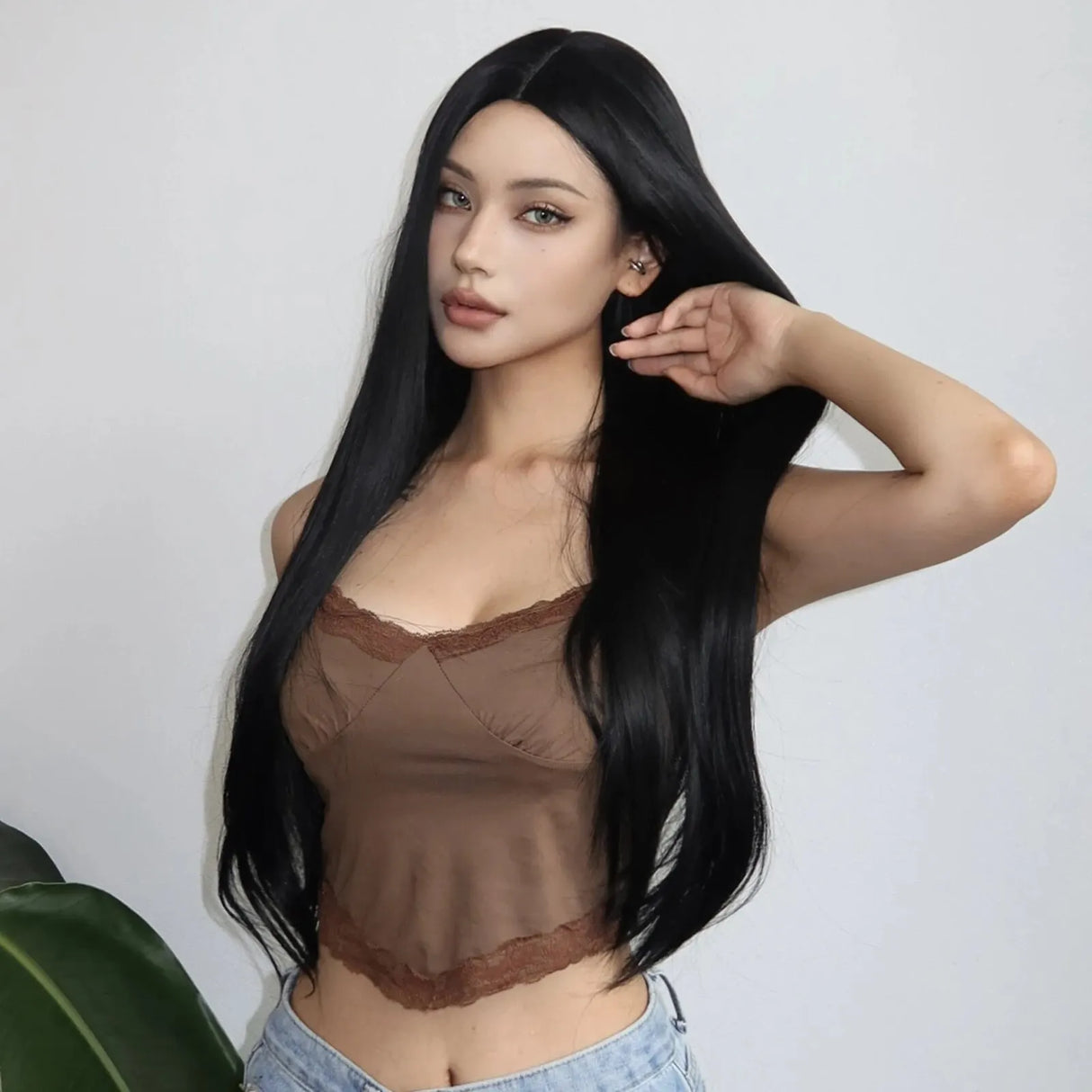 Natural Black Long Straight Synthetic Women Wigs Middle