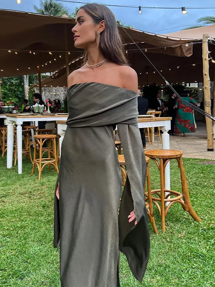 Elegant Solid Off Shoulder Midi Dress Women Chic