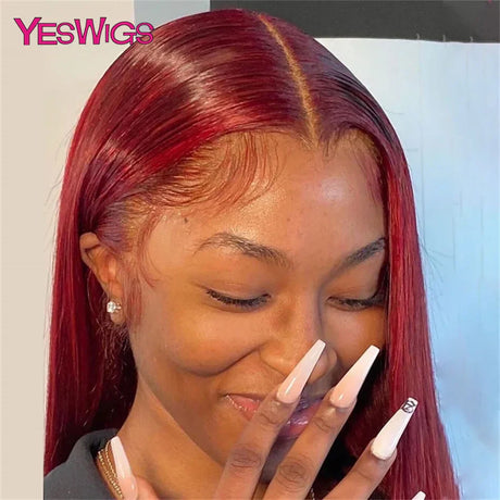 Burgundy J Red Colored Bone Straight Lace Front