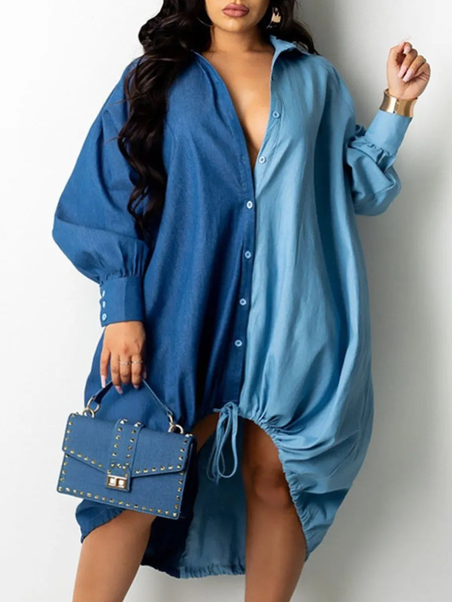 Dresses Drawstring Patchwork Shirt Dress Fashion Drop Shoulder