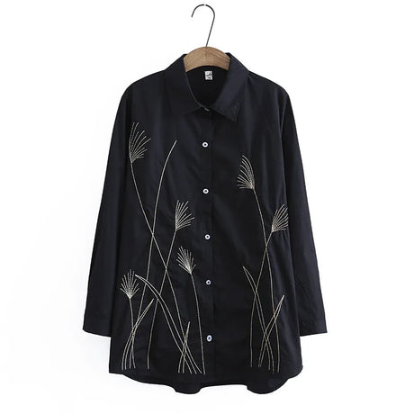 4Xl Shirt Women Spring Vintage Grass Embroidery Ice