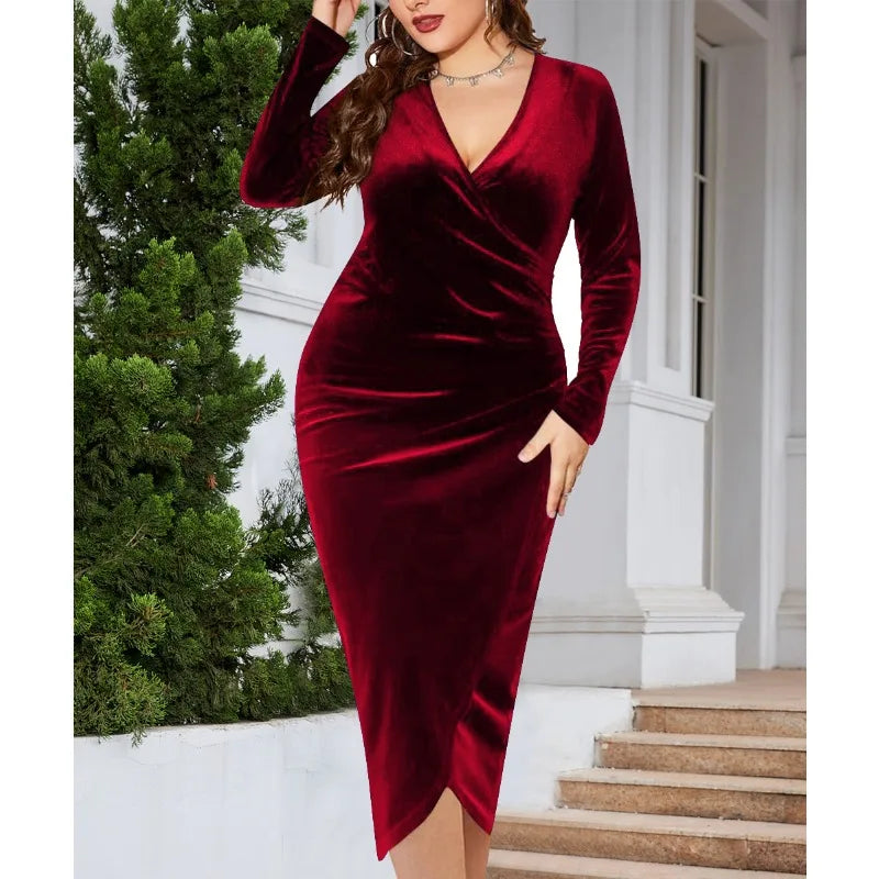 Elegant Long Sleeve Velvet Skinny Dress Midi Red