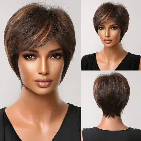 Short Pixie Cut Wig With Highlight Straight Chocolate