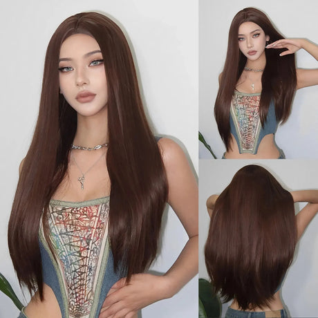 Natural Black Long Straight Synthetic Women Wigs Middle