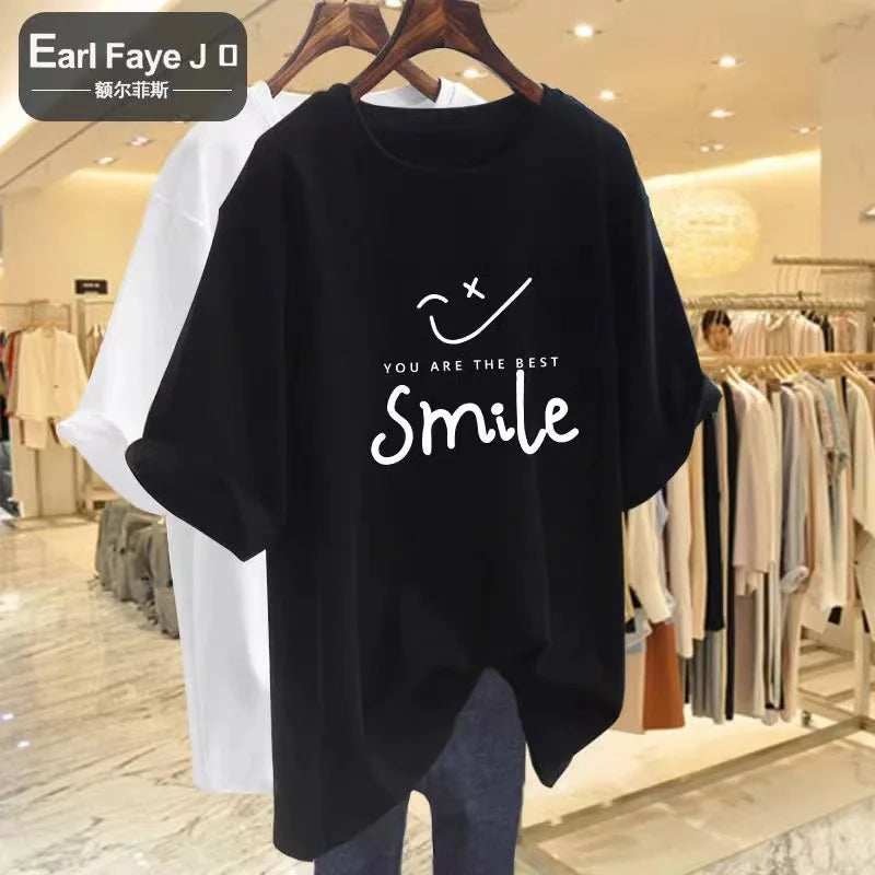 Summer Cotton T-Shirt Ladies Soft O-Neck Letter Print