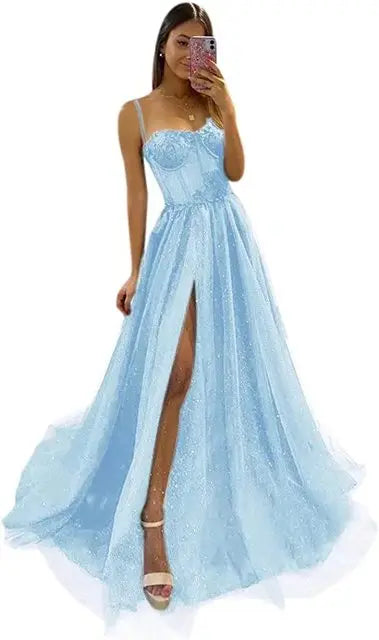 Shiny Tulle Evening Dress Sexy Black V-Neck Strapllace