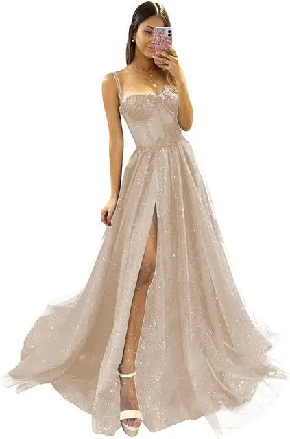 Shiny Tulle Evening Dress Sexy Black V-Neck Strapllace
