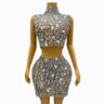 Silver Big Rhinestones Shining Top Skirt Set Sexy