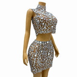 Silver Big Rhinestones Shining Top Skirt Set Sexy