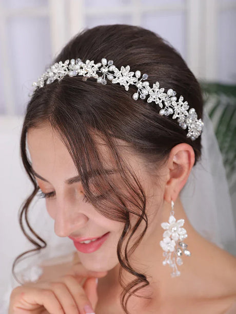 Silver Tiara Wedding Headdress Shiny Rhinestone Pearl Luxury