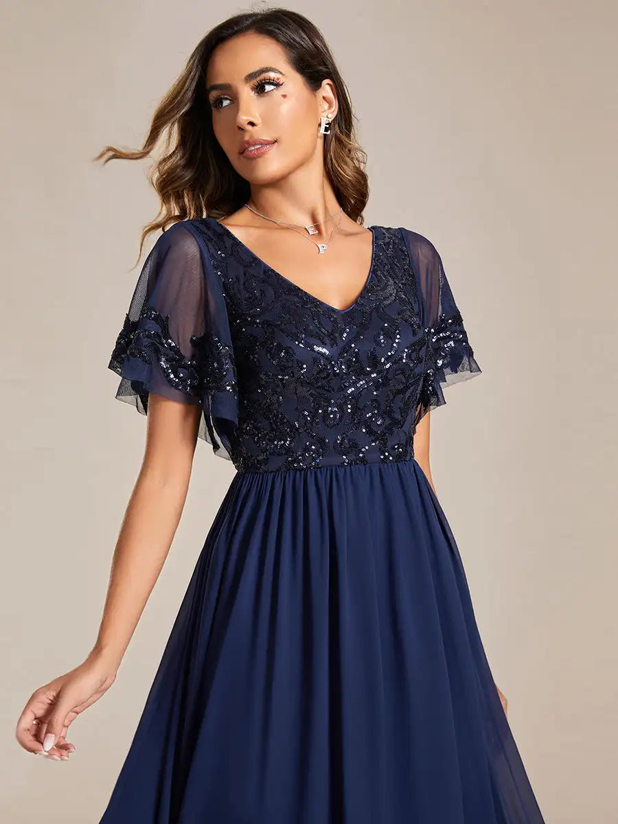 Simple Evening Dresses Short Ruffles Sleeves V Neck