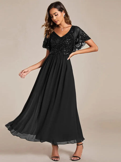 Simple Evening Dresses Short Ruffles Sleeves V Neck