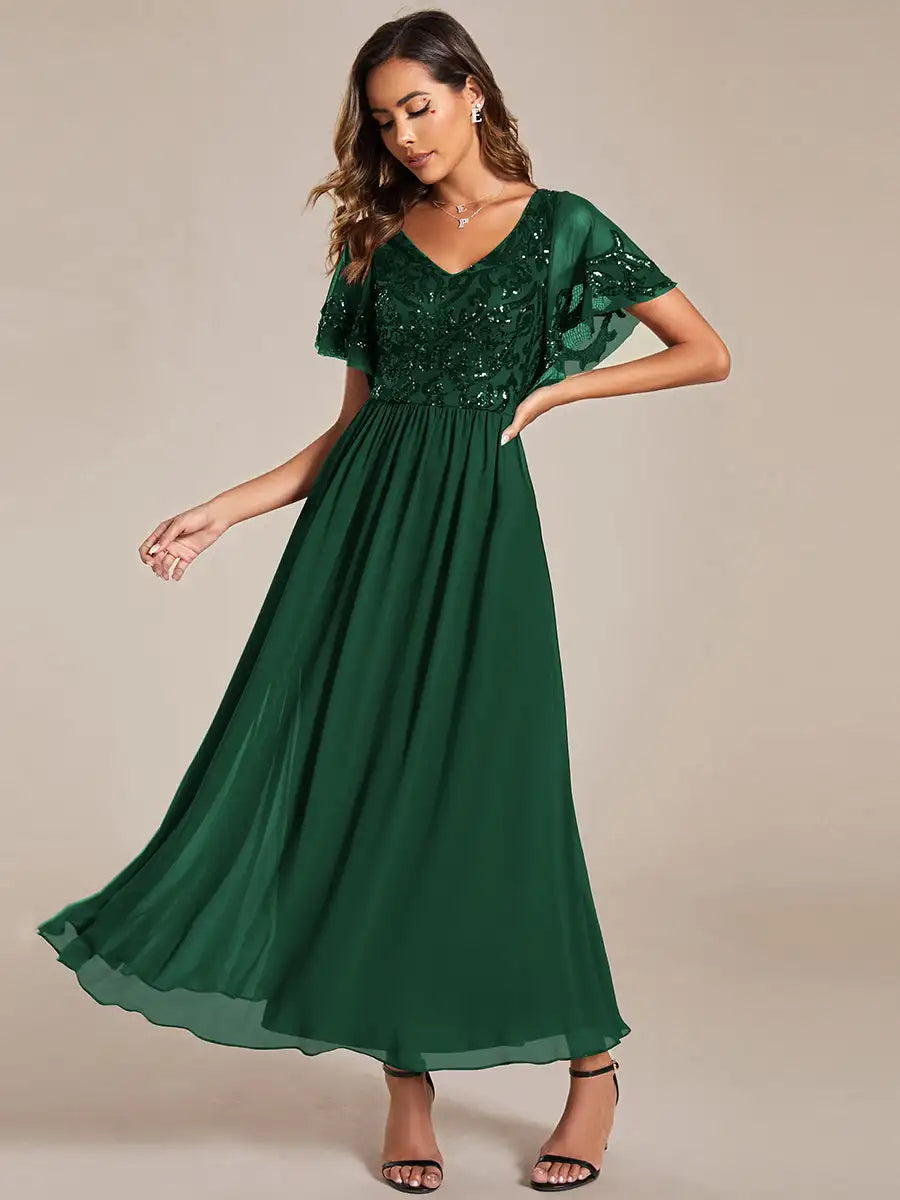 Simple Evening Dresses Short Ruffles Sleeves V Neck