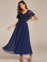 Simple Evening Dresses Short Ruffles Sleeves V Neck