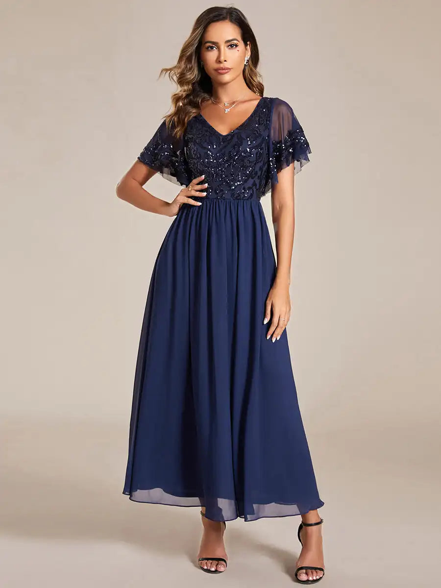 Simple Evening Dresses Short Ruffles Sleeves V Neck