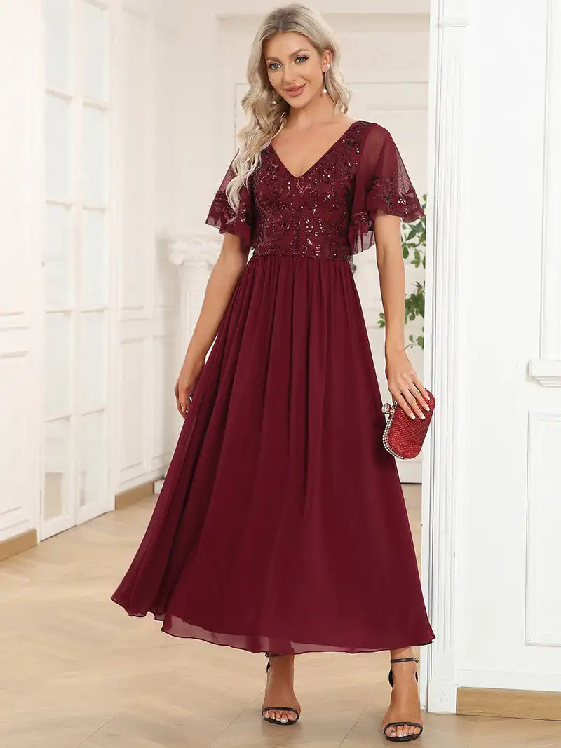 Simple Evening Dresses Short Ruffles Sleeves V Neck