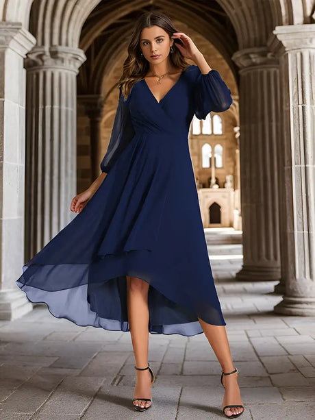 Simple Evening Dresses V-Neck Long Sleeves Pleated Ruffles