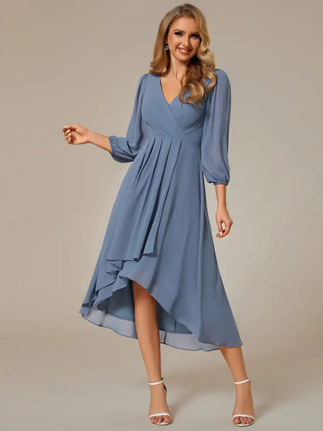 Simple Evening Dresses V-Neck Long Sleeves Pleated Ruffles